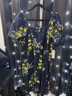 Time and Tru Navy Blue Floral Puff Sleeve Midi Dress with Yellow Lemon Print
